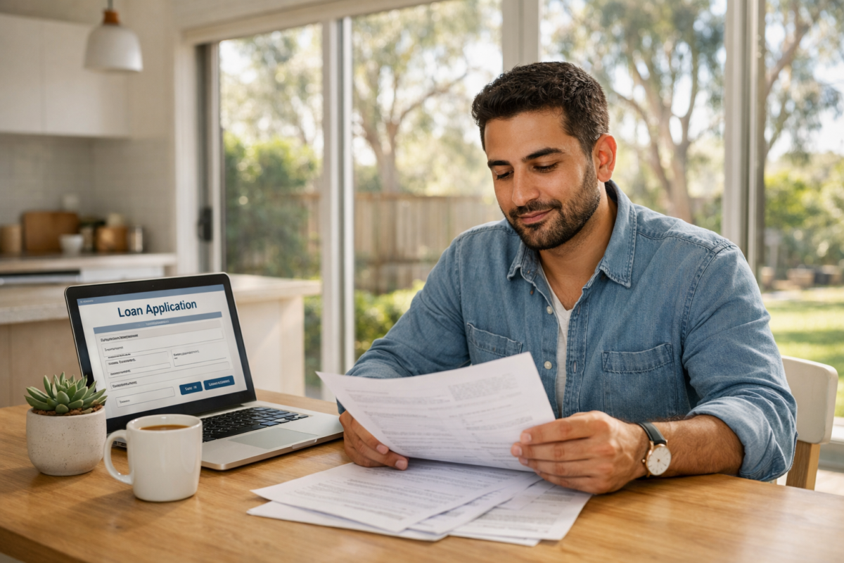 Man reviewing loan documents at his kitchen table