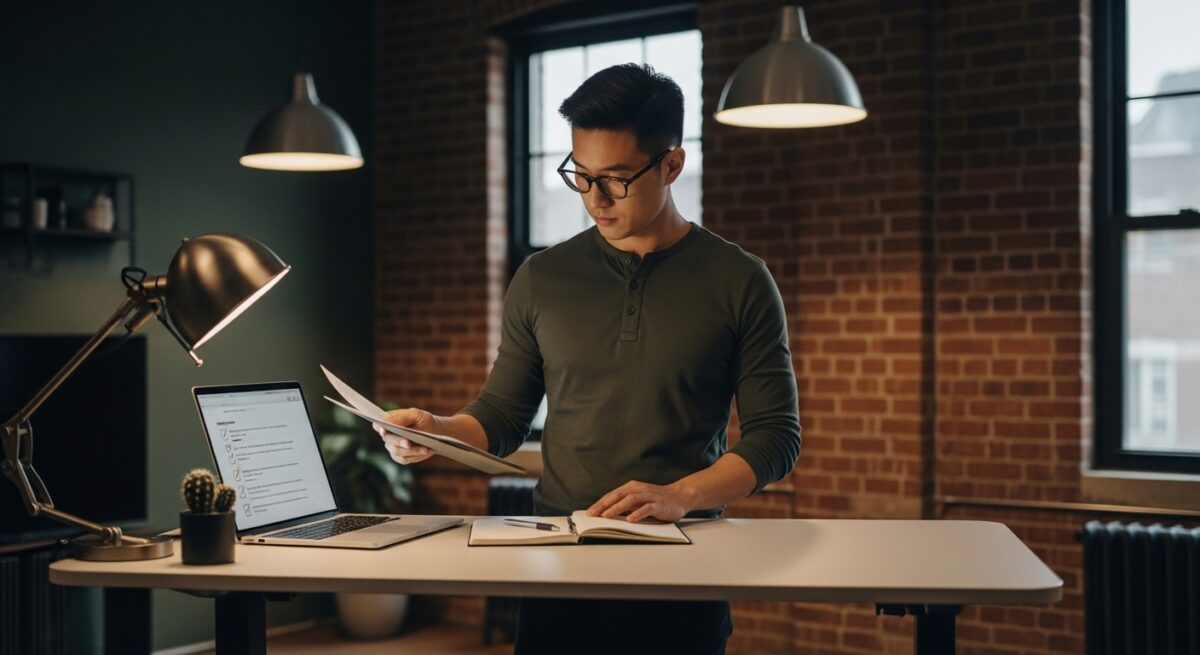 Self-employed man reviewing a simplified mortgage application in his home office