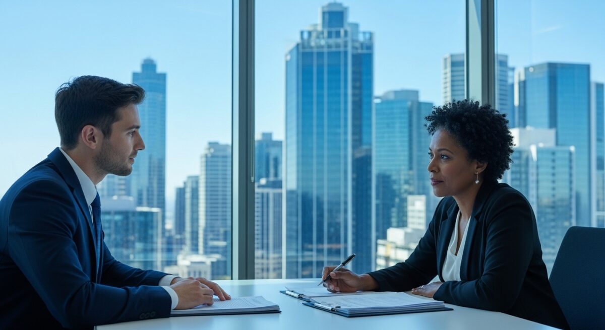 Woman discussing loan options with a financial advisor in a city office