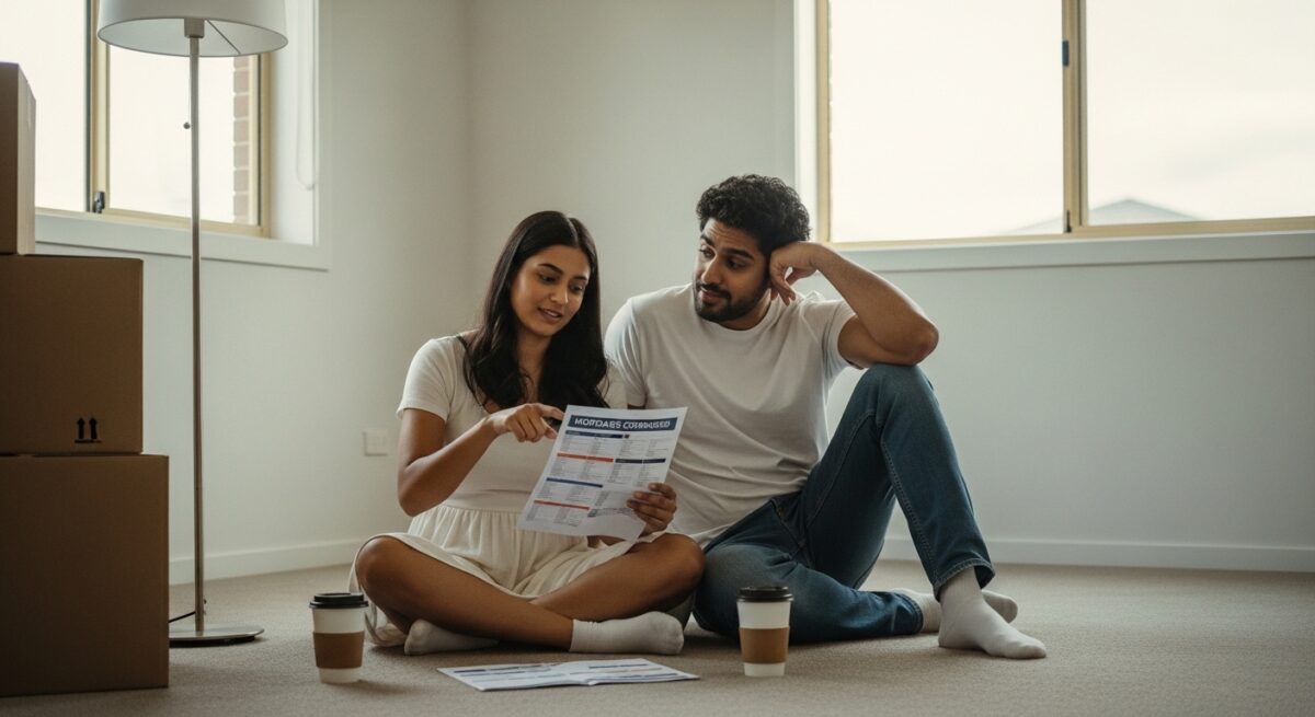 Young couple comparing mortgage options