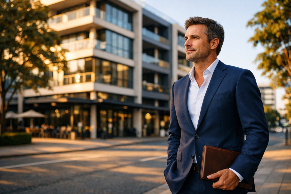 businessman standing in front of a modern Australian commercial building i