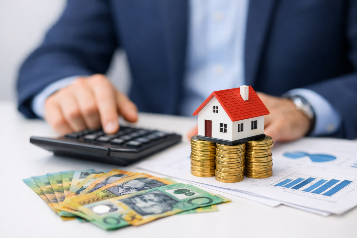 niature house model balanced on gold coin stacks beside Australian banknotes