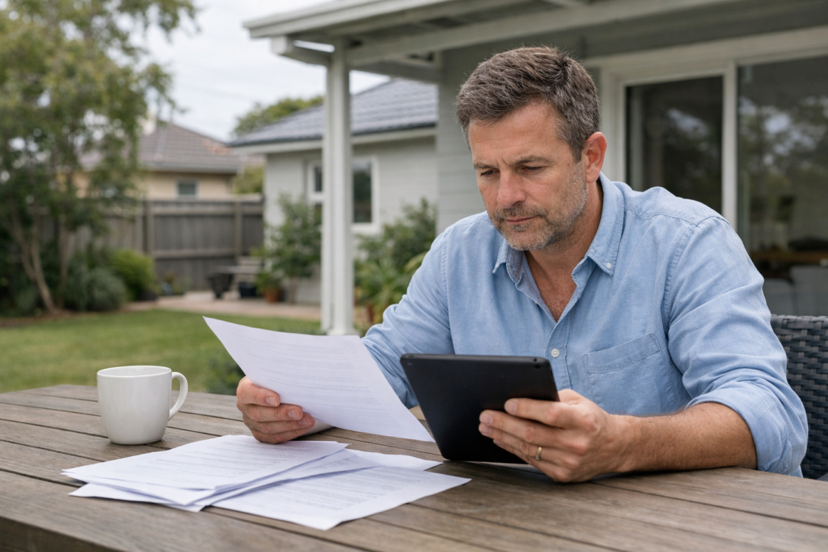 omeowner reviewing financial documents at home with property