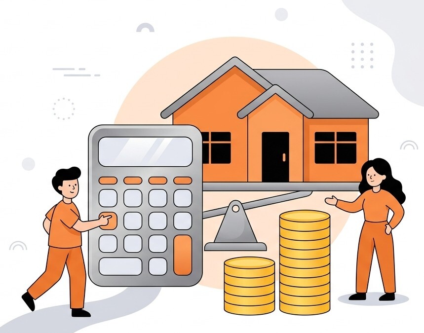 Calculator, house, and person discussing financial planning.